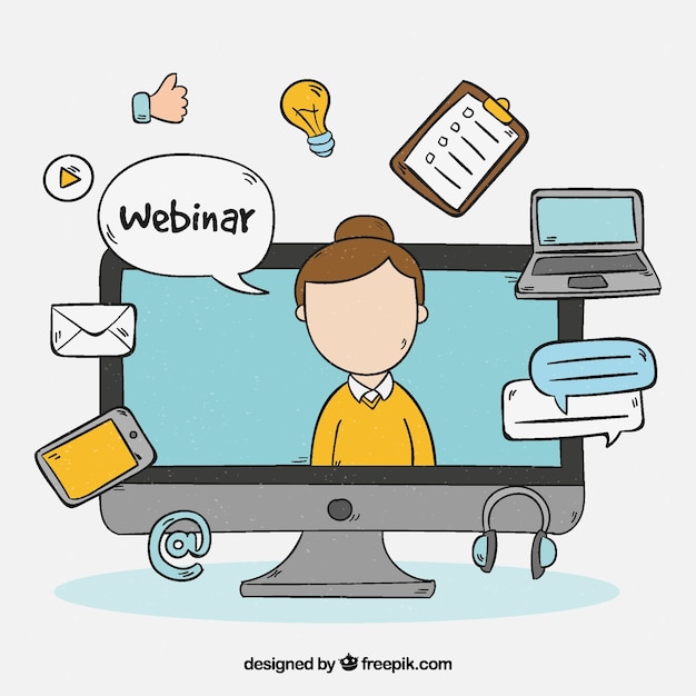 Vettore gratuito concetto di webinar disegnato a mano con la donna