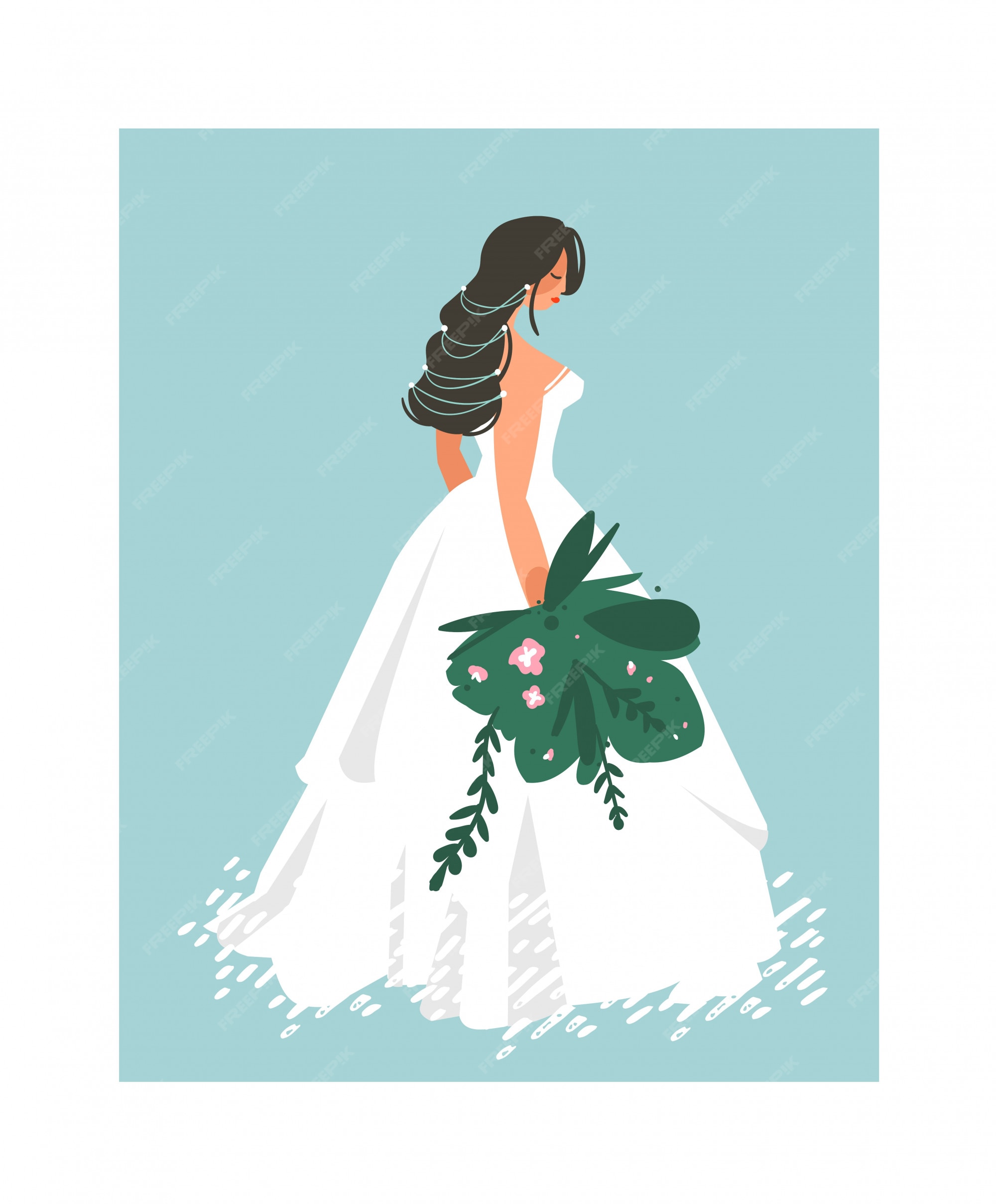 青い背景の白いドレスイラストで描かれた結婚式のブライダルを手します プレミアムベクター