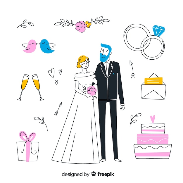 無料ベクター 手描きの結婚式のカップルと要素