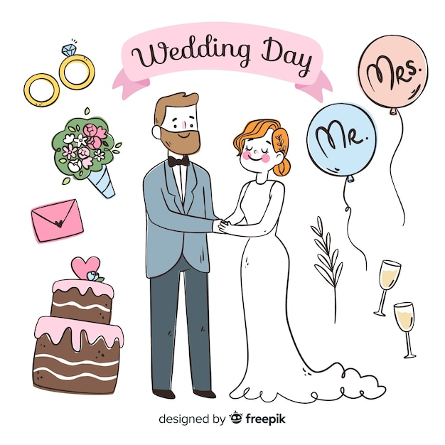 手描きの結婚式のカップルの背景