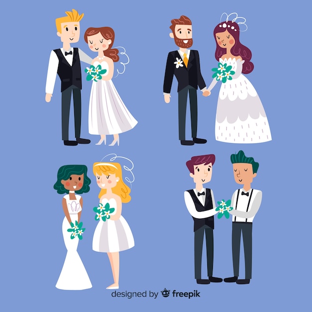 Free vector hand drawn wedding couple collection