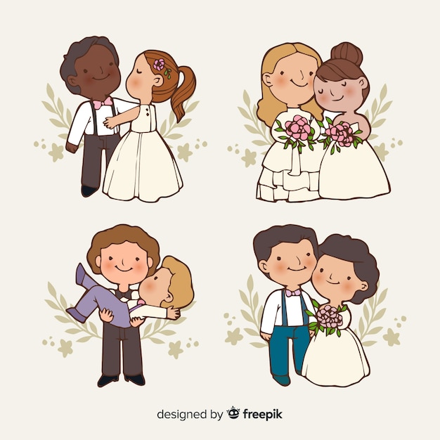 Free vector hand drawn wedding couple collection