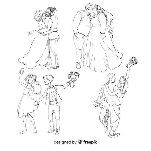 Free vector hand drawn wedding couple collection