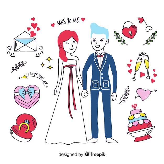 手描きの結婚式のカップルと要素