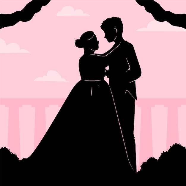 Hand drawn wedding couple silhouette free vector download