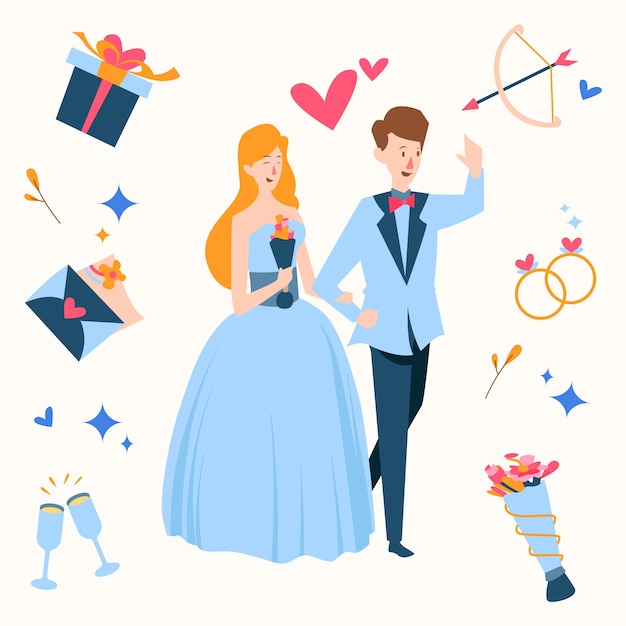 Free vector hand drawn wedding couple surrounded by gifts