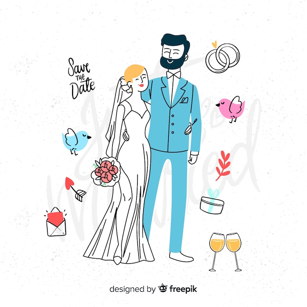 Free vector hand drawn wedding couple with elements