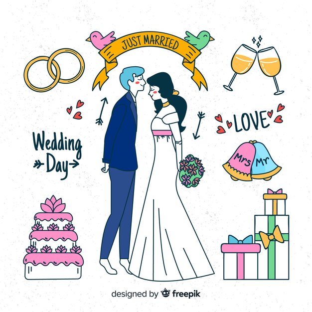 Hand drawn wedding couple with elements