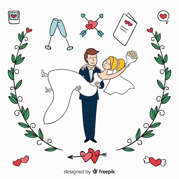 Hand drawn wedding couple with ornaments – Free Vector Download