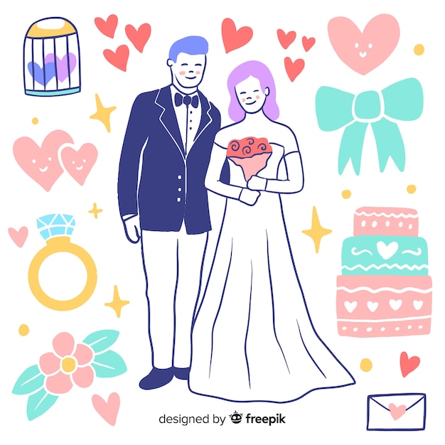 Hand drawn wedding couple with ornaments