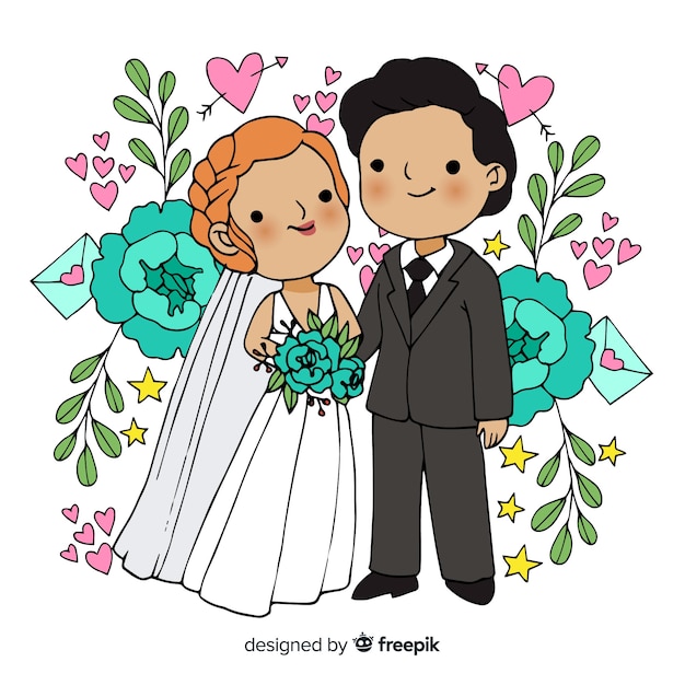 Hand drawn wedding couple with ornaments