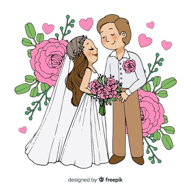 Hand drawn wedding couple with ornaments
