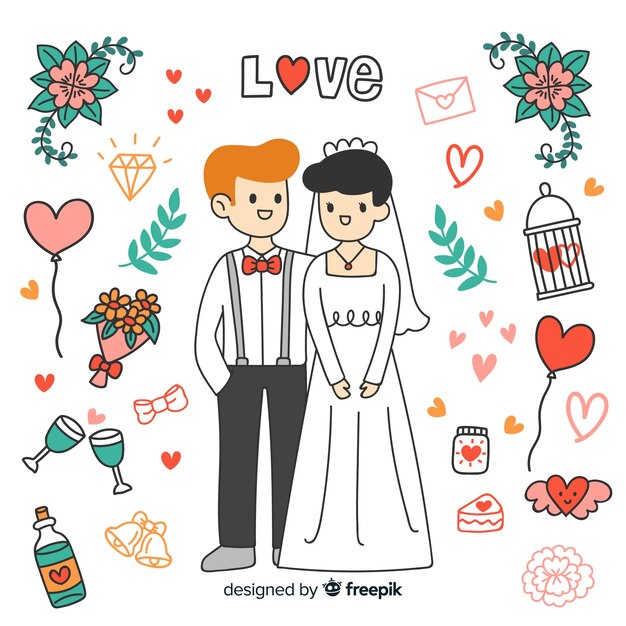 手描きの結婚式のカップルの装飾品