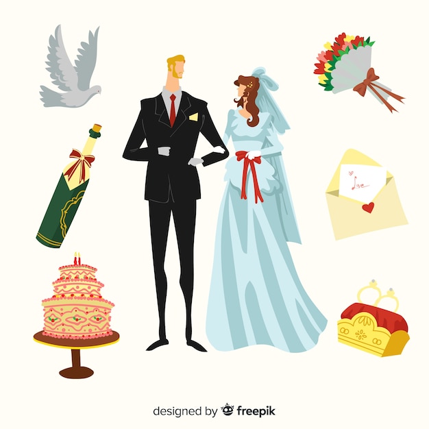 Free vector hand drawn wedding couple with ornaments