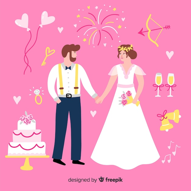 無料ベクター 手描きの結婚式のカップルの装飾品