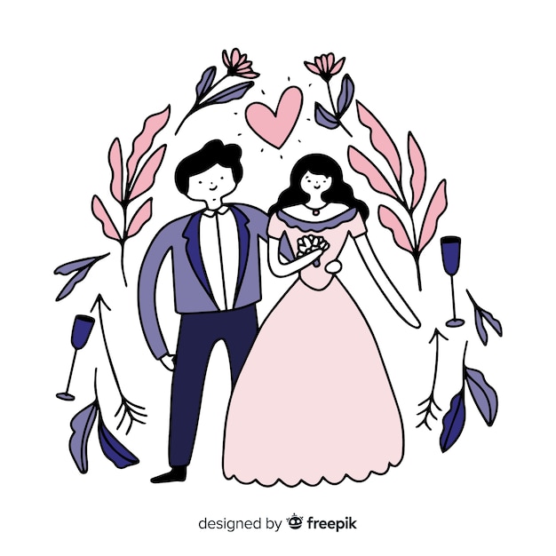 Free Vector hand drawn wedding couple with ornaments