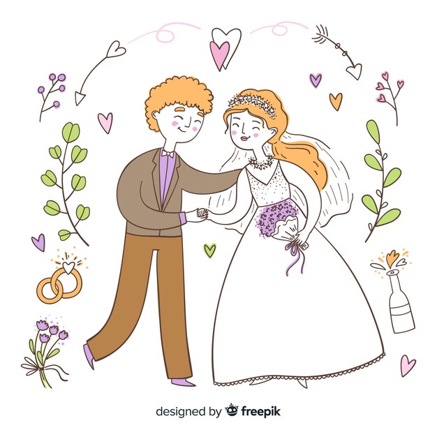 Hand drawn wedding couple with ornaments