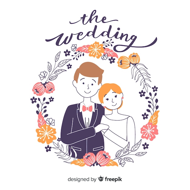 Hand drawn wedding couple with ornaments