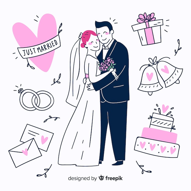 Hand drawn wedding couple with ornaments