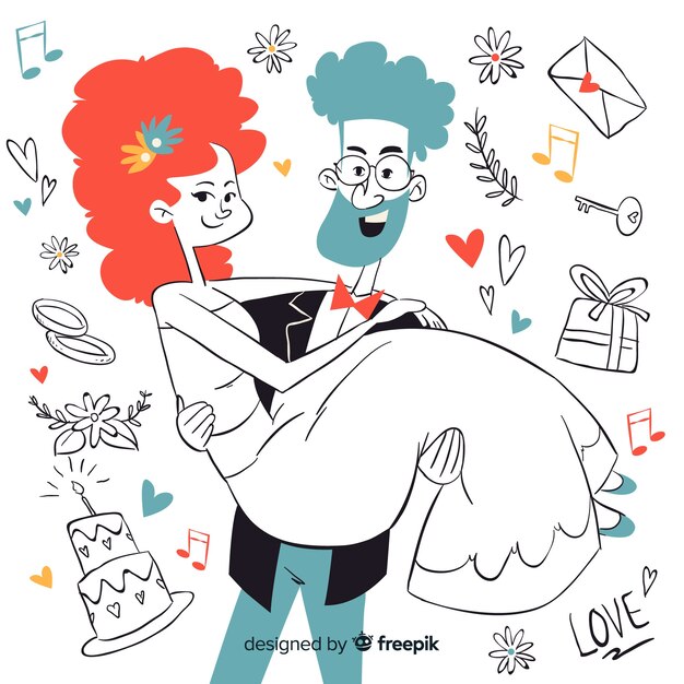 Free vector hand drawn wedding couple with ornaments