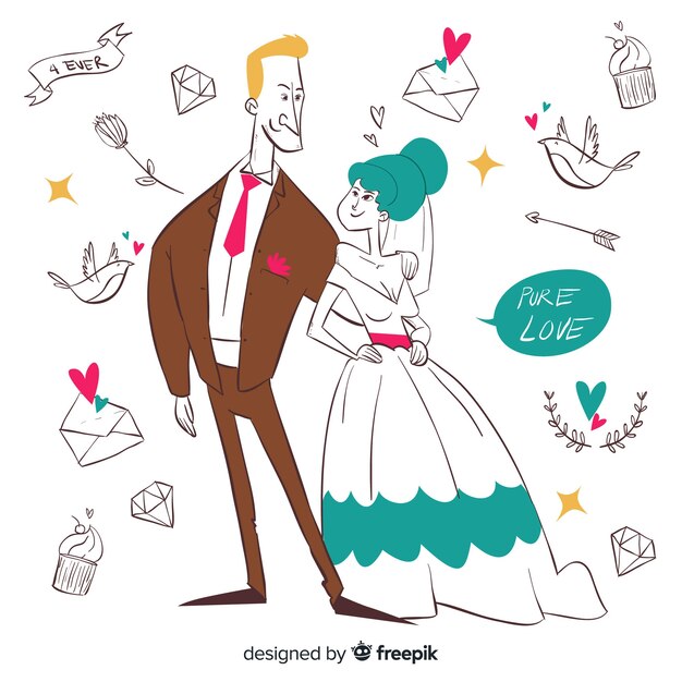 Free vector hand drawn wedding couple with ornaments