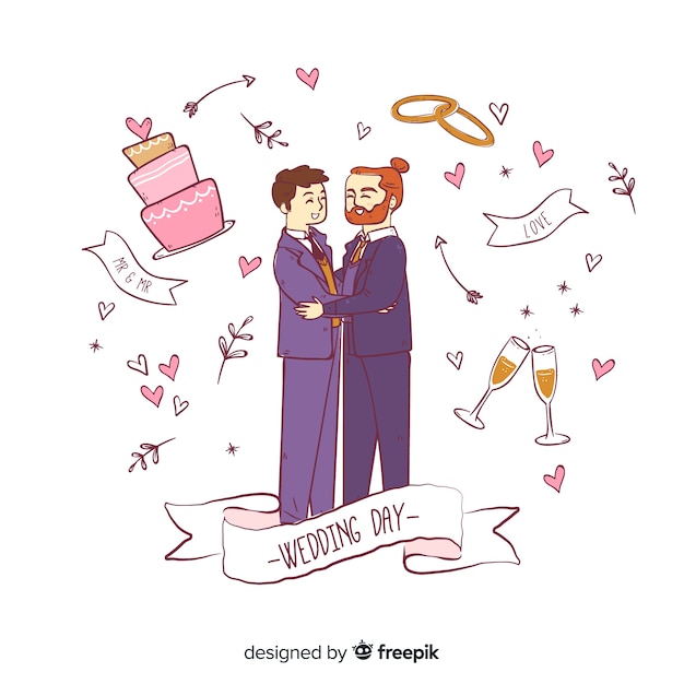 Free vector hand drawn wedding couple with ornaments