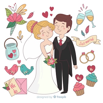 Hand drawn wedding couple with ornaments