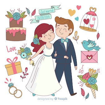 Hand drawn wedding couple with ornaments