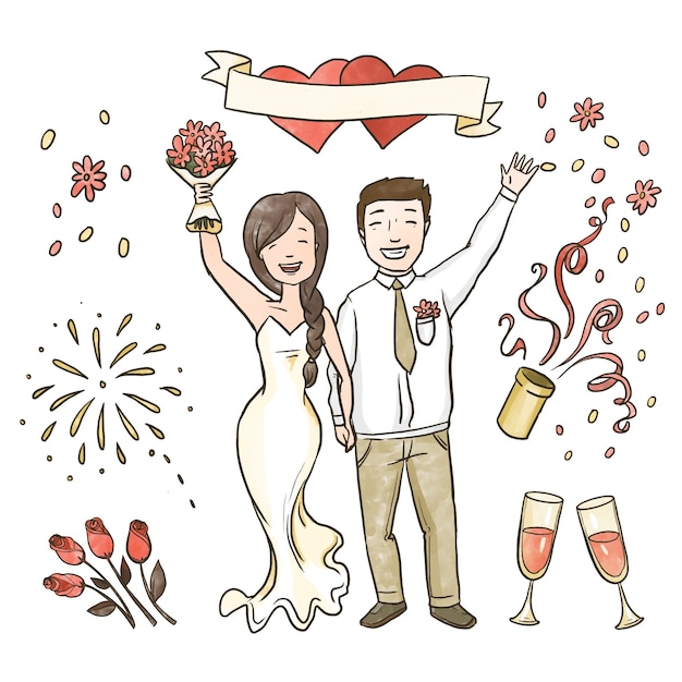 Hand drawn wedding couples celebrating