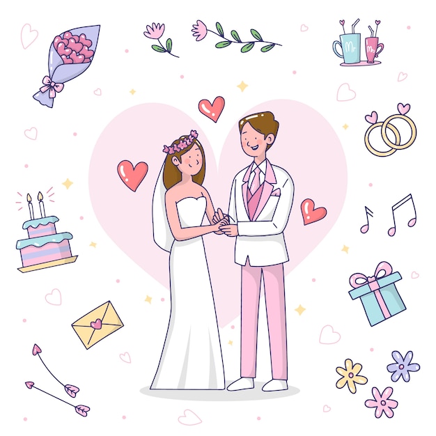 無料ベクター 手描きの結婚式のカップルのイラスト