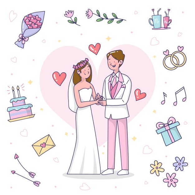 Нарисованная вручную иллюстрация свадебных пар