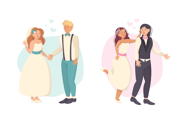 Hand drawn wedding couples in modern clothes