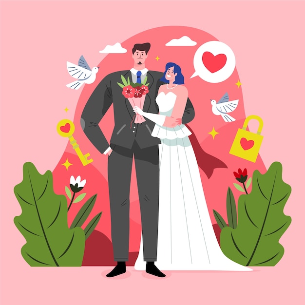 手描きの結婚式のカップルスタイル