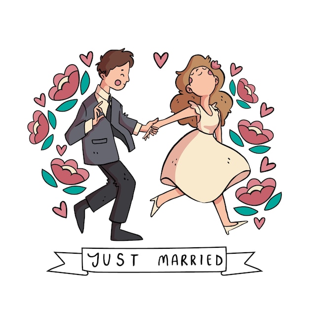 Hand drawn wedding couples with flowers