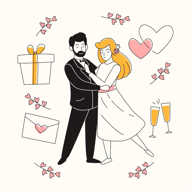 Free Vector hand drawn wedding couples with gift and hearts