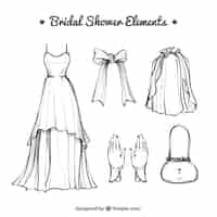 Free vector hand-drawn wedding dress with other accessories