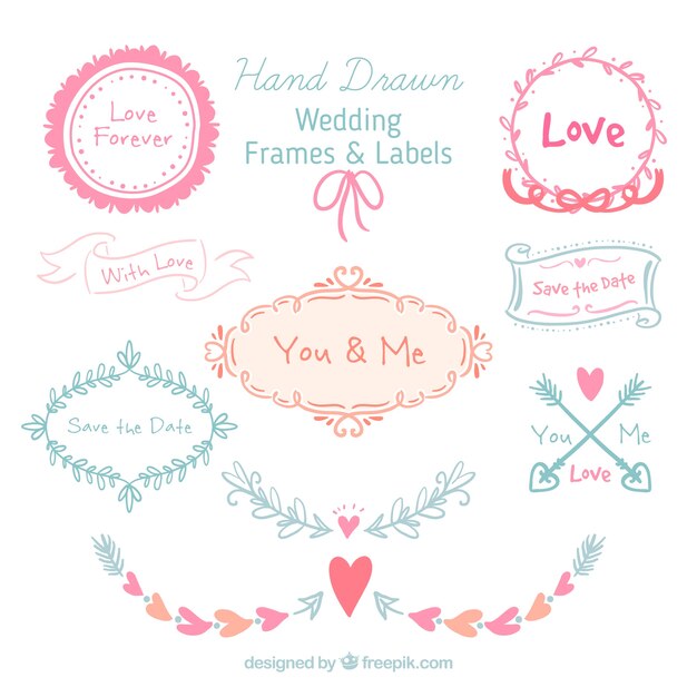 Hand drawn wedding frames and labels