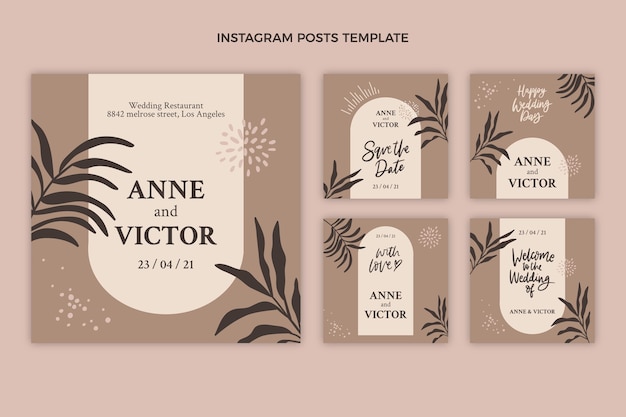 Free vector hand drawn wedding instagram post set