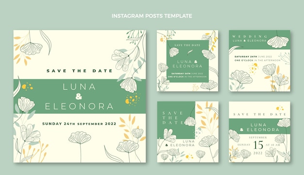 Free vector hand drawn wedding instagram posts collection