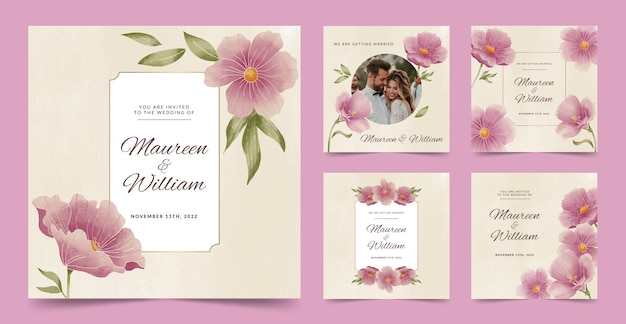 Free vector hand drawn wedding instagram posts design template