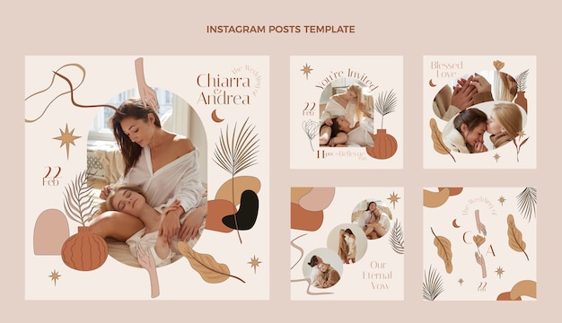 Free vector hand drawn wedding instagram posts template