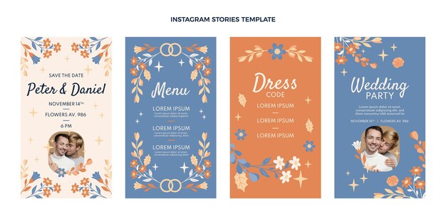 Free vector hand drawn wedding instagram stories collection