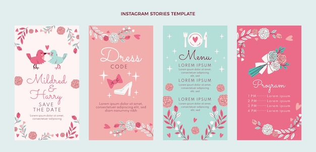 Free vector hand drawn wedding instagram stories collection