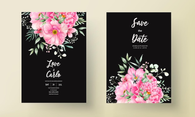 手描きの結婚式の招待カードの水彩画の花と葉