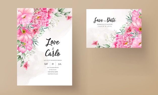 手描きの結婚式の招待カードの水彩画の花と葉