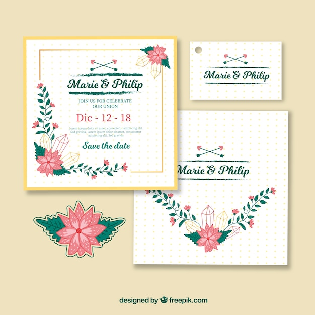 Free vector hand drawn wedding invitation with floral style