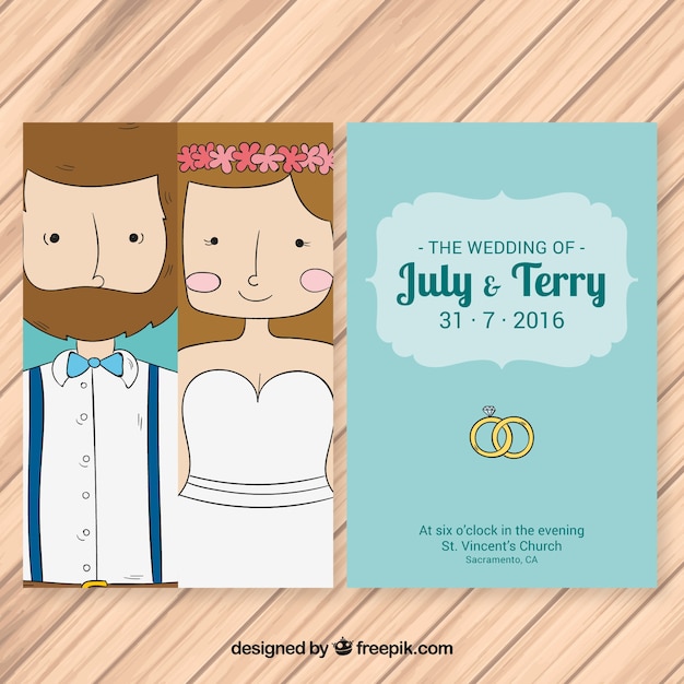 Hand-drawn wedding invitation with groom and bride