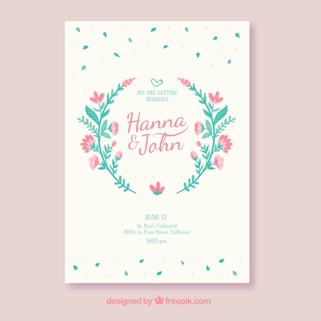 Free vector hand-drawn wedding invitation with pink flowers