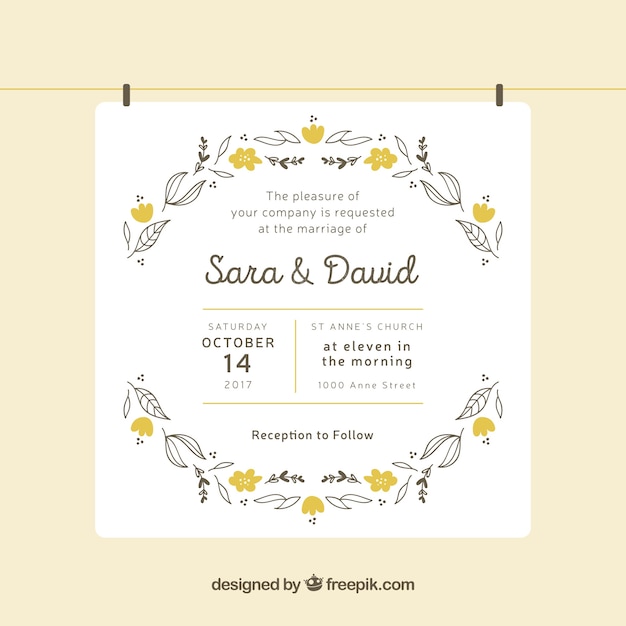 Hand-drawn wedding invitation with yellow flowers