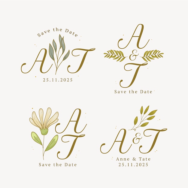 Бесплатное векторное изображение Ручной обращается свадебный логотип набор